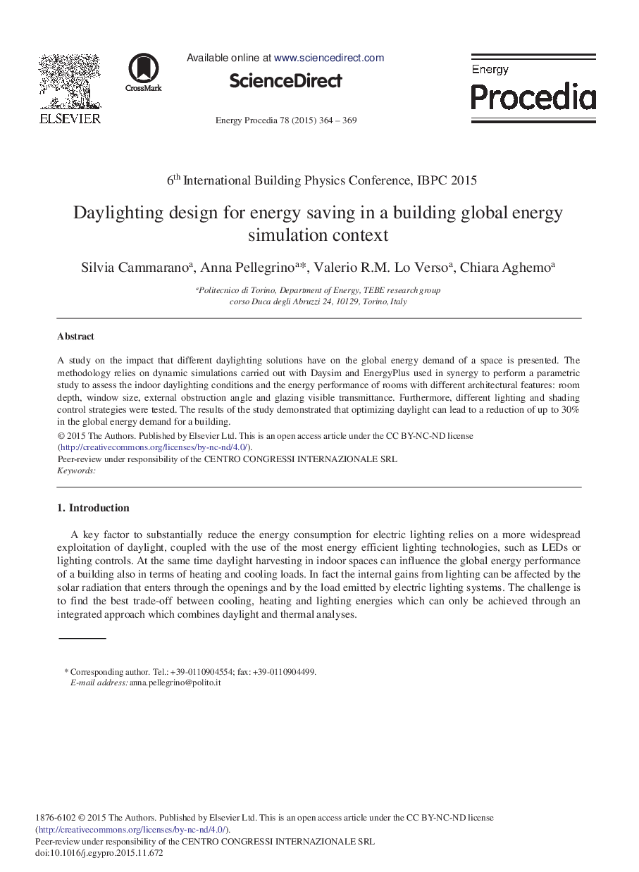 Daylighting Design for Energy Saving in a Building Global Energy Simulation Context 