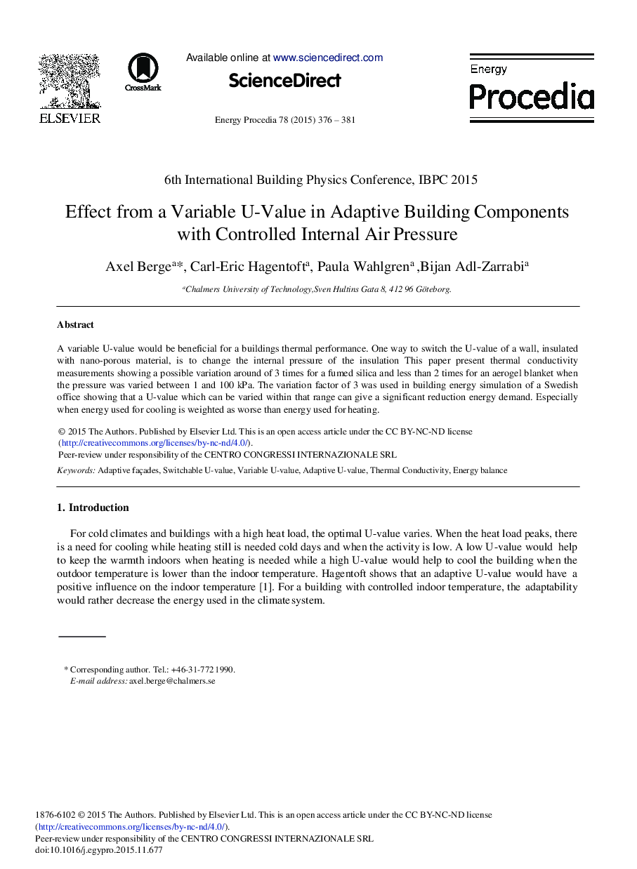 Effect from a Variable U-Value in Adaptive Building Components with Controlled Internal Air Pressure 