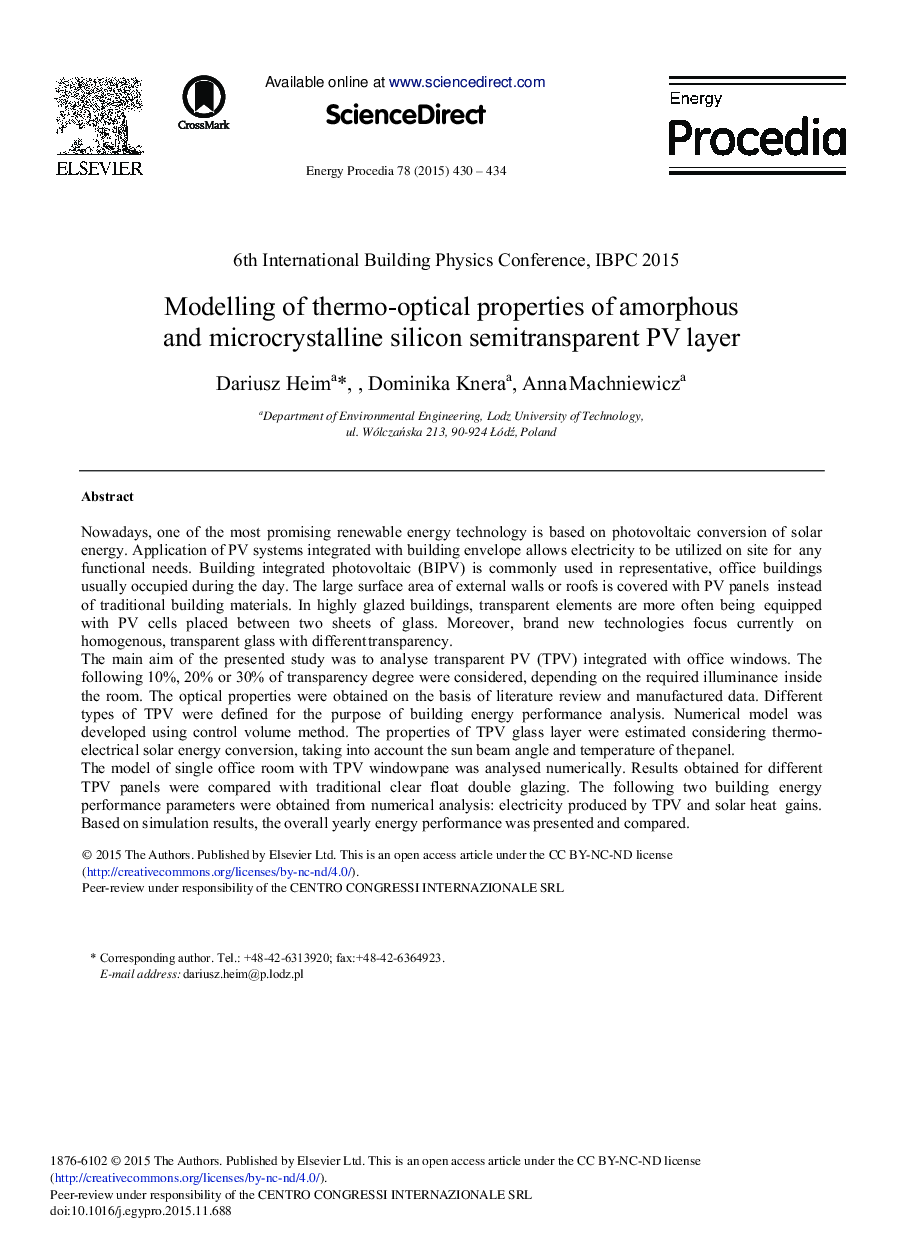 Modelling of Thermo-optical Properties of Amorphous and Microcrystalline Silicon Semitransparent PV Layer 