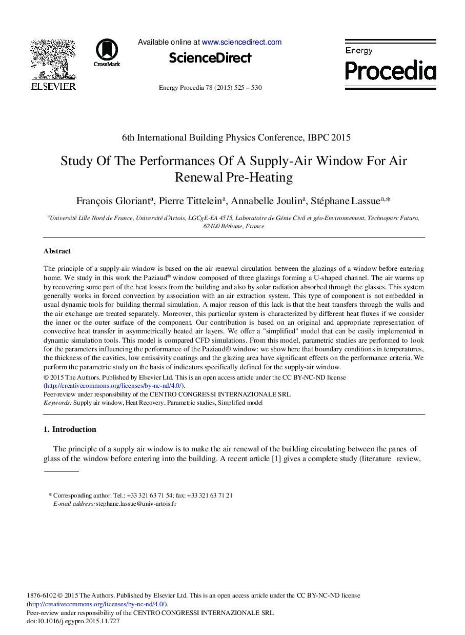 Study of the Performances of A Supply-Air Window for Air Renewal Pre-Heating 