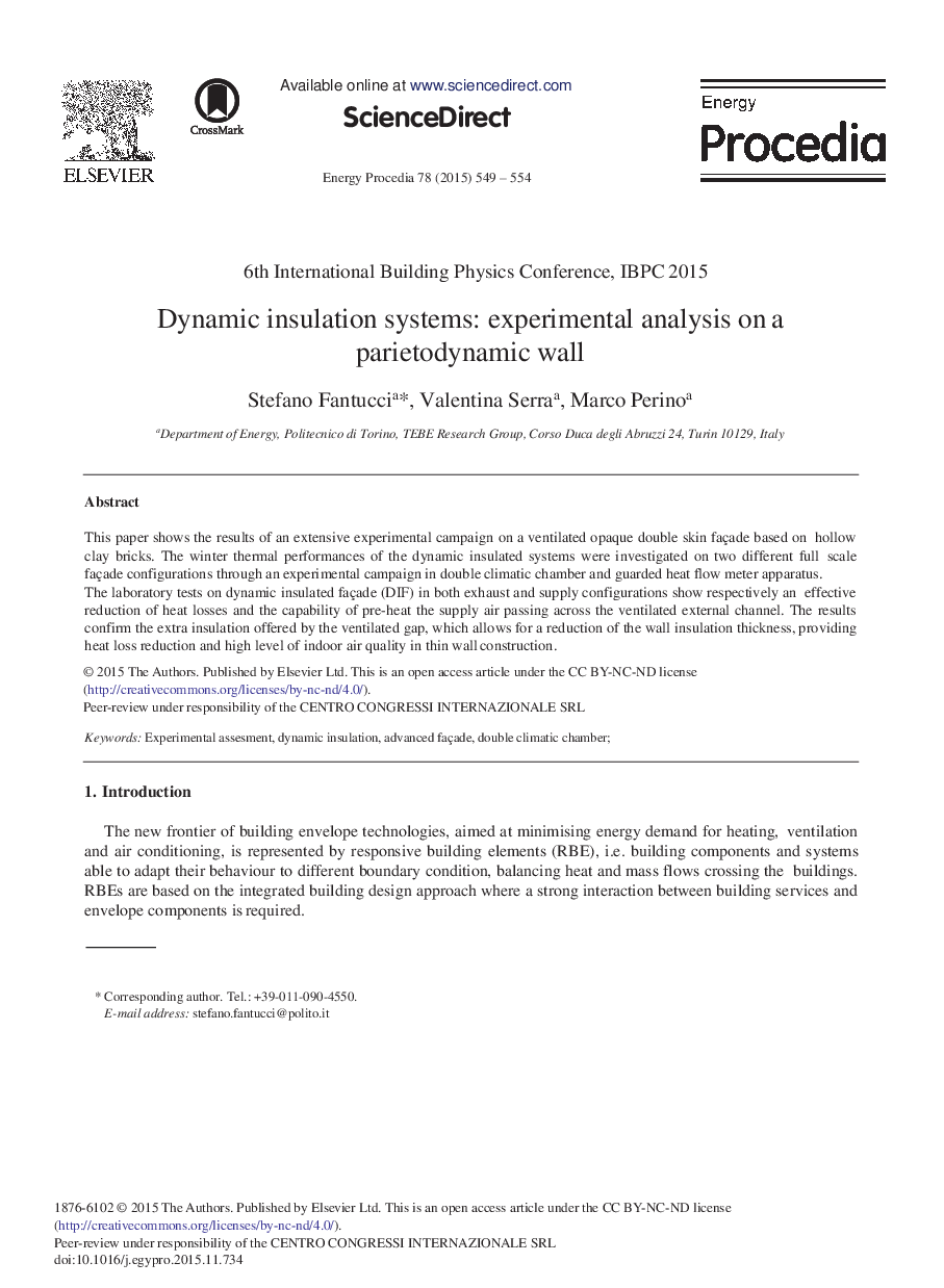 Dynamic Insulation Systems: Experimental Analysis on a Parietodynamic Wall 