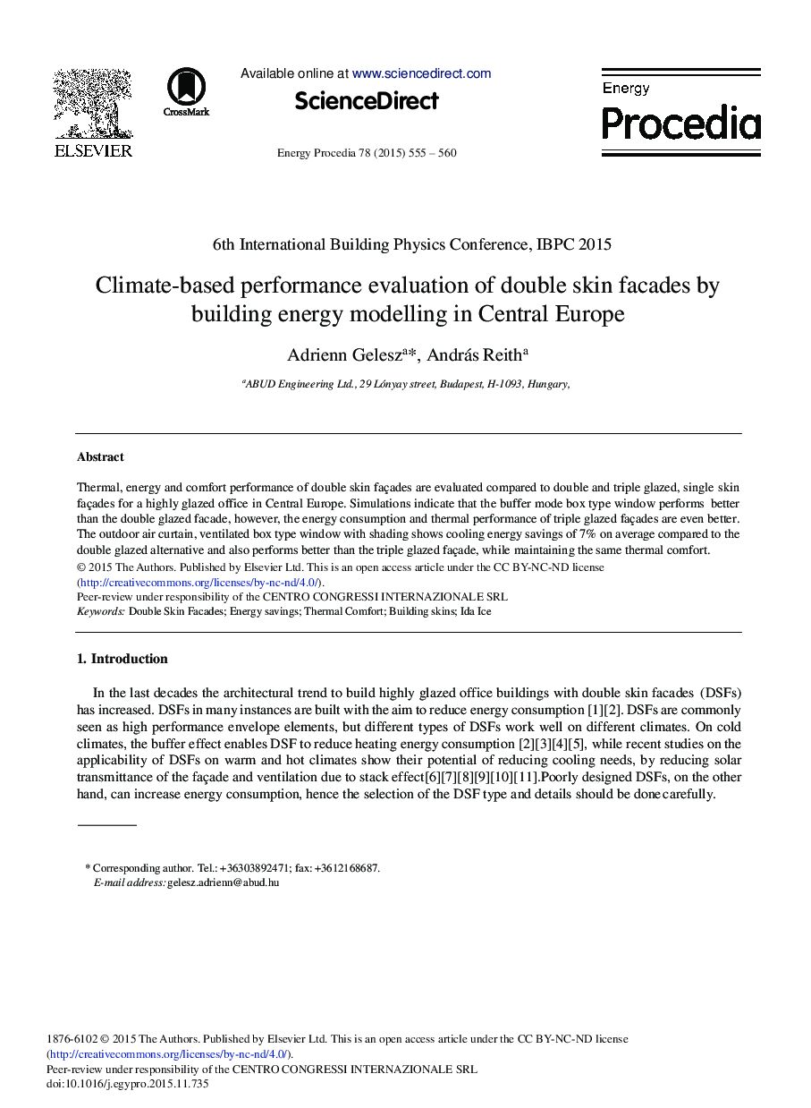 Climate-based Performance Evaluation of Double Skin Facades by Building Energy Modelling in Central Europe 