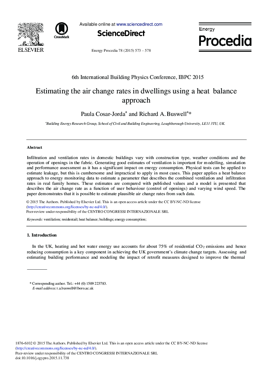 Estimating the Air Change Rates in Dwellings Using a Heat Balance Approach 