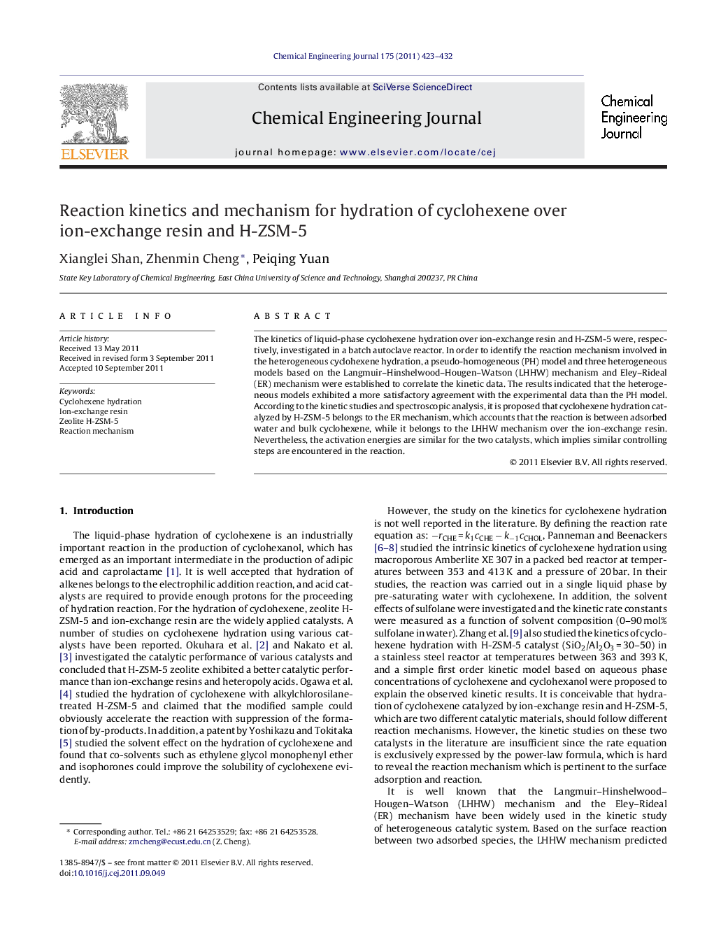 Reaction kinetics and mechanism for hydration of cyclohexene over ion-exchange resin and H-ZSM-5