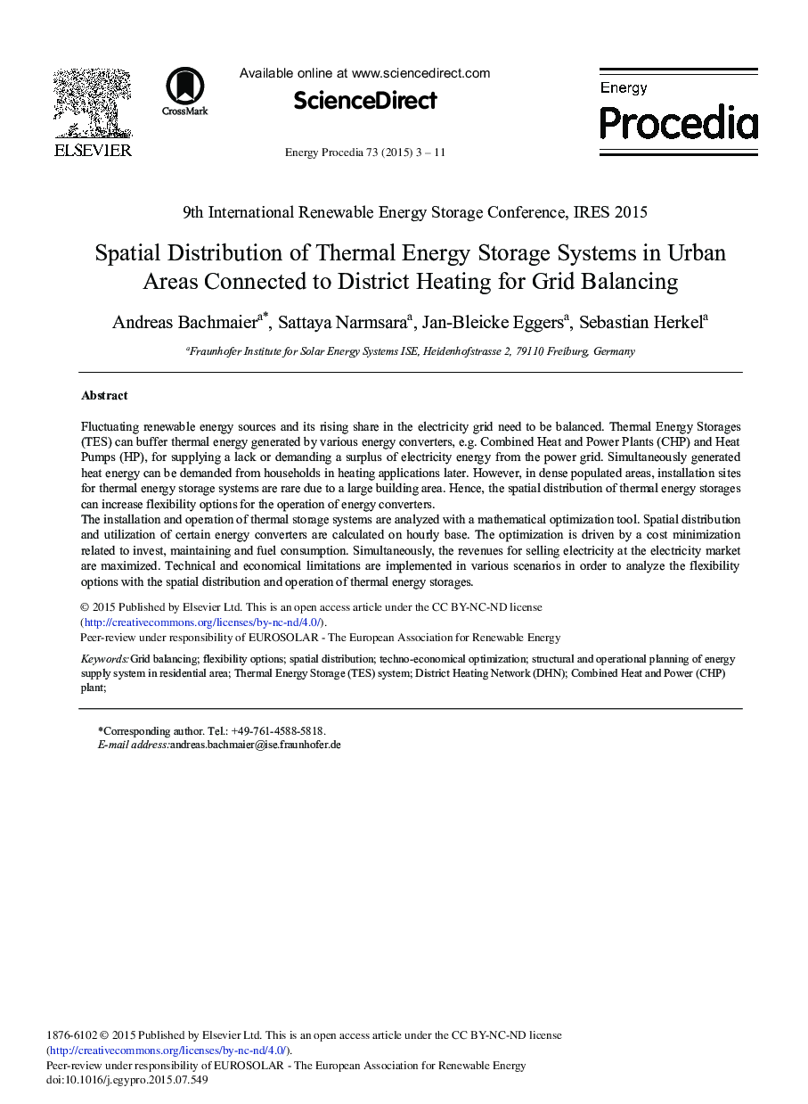 Spatial Distribution of Thermal Energy Storage Systems in Urban Areas Connected to District Heating for Grid Balancing 