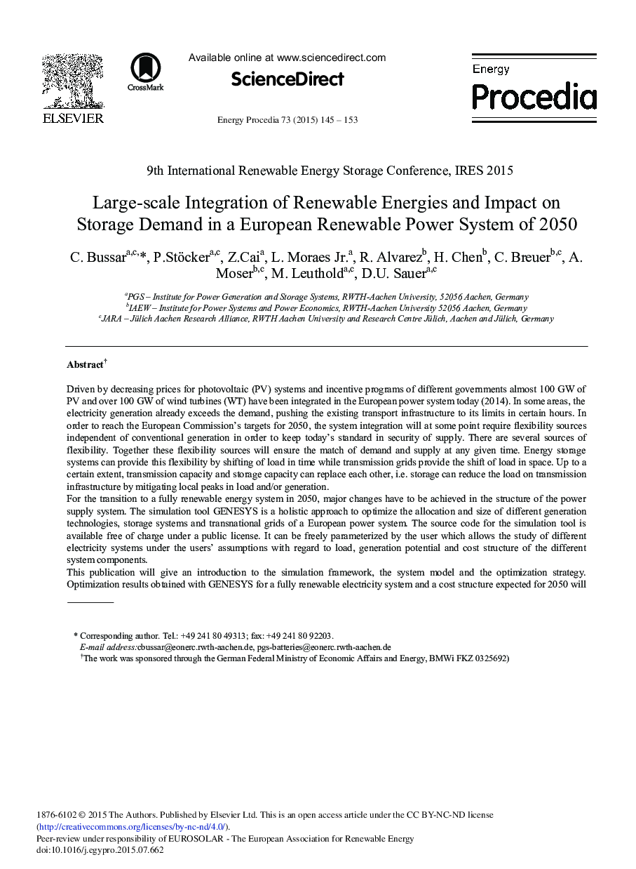 Large-scale Integration of Renewable Energies and Impact on Storage Demand in a European Renewable Power System of 2050 