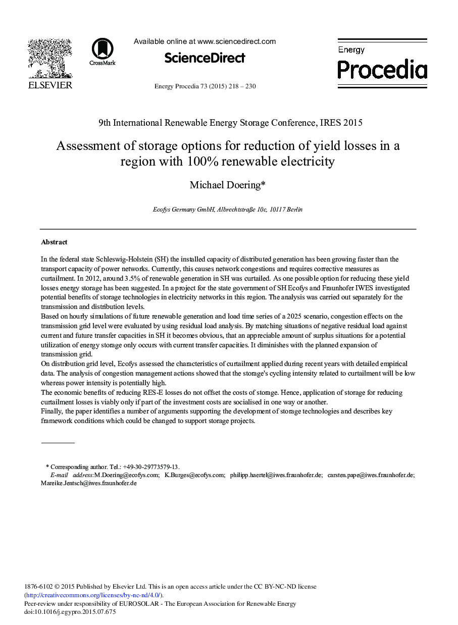 Assessment of Storage Options for Reduction of Yield Losses in a Region with 100% Renewable Electricity 