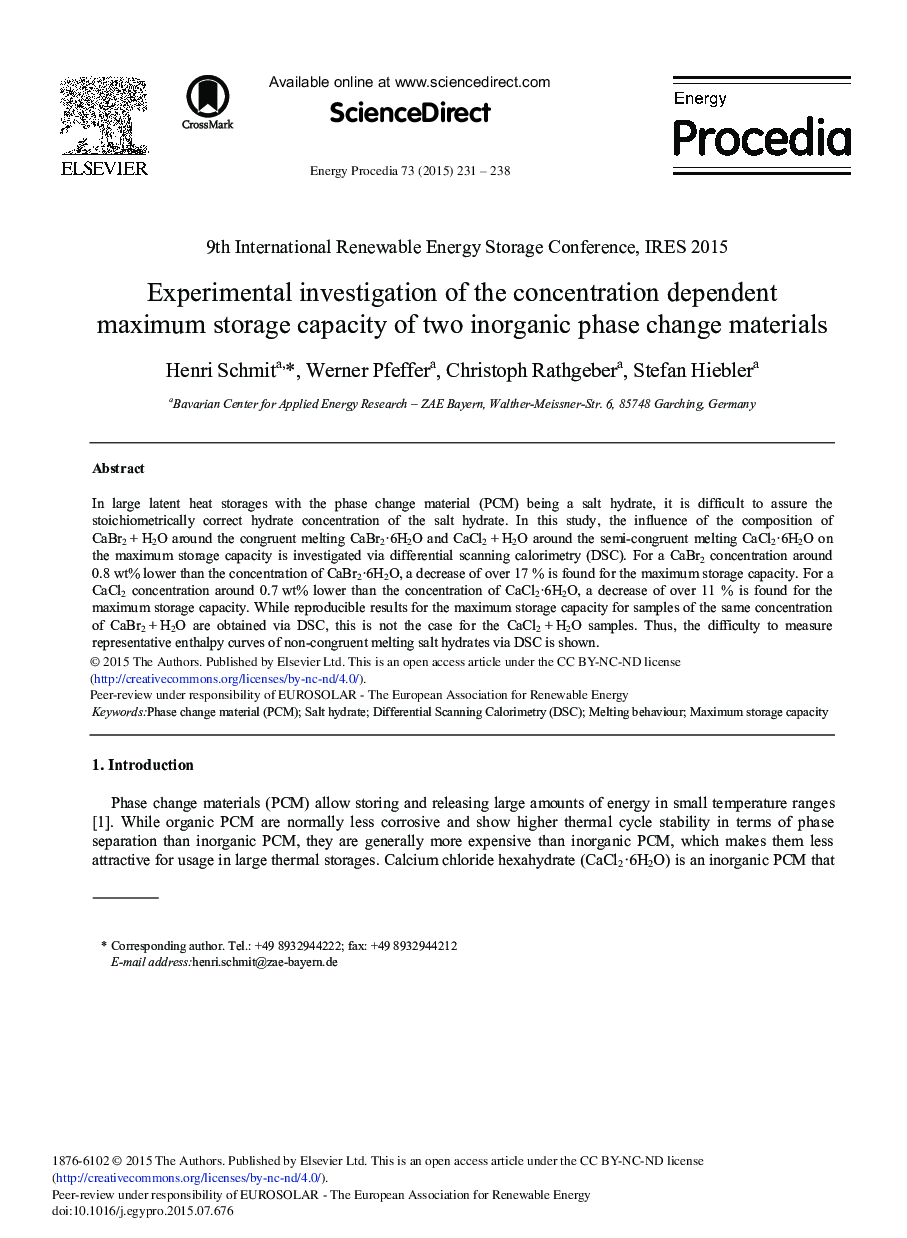 Experimental Investigation of the Concentration Dependent Maximum Storage Capacity of two Inorganic Phase Change Materials 