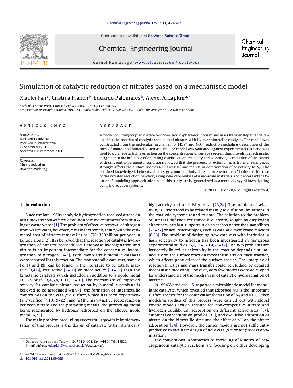 Simulation of catalytic reduction of nitrates based on a mechanistic model