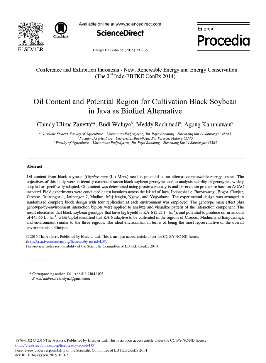 Oil Content and Potential Region for Cultivation Black Soybean in Java as Biofuel Alternative 