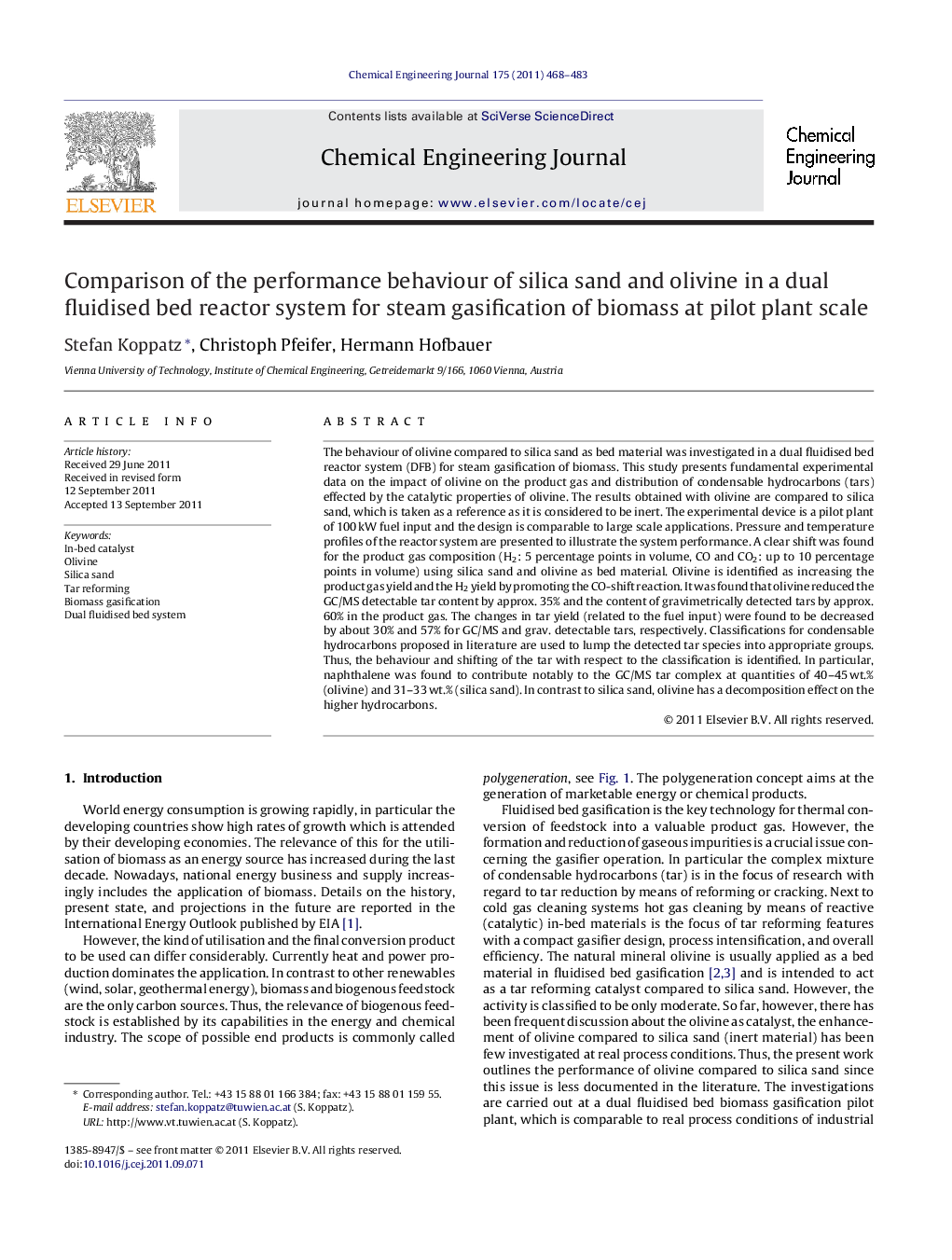 Comparison of the performance behaviour of silica sand and olivine in a dual fluidised bed reactor system for steam gasification of biomass at pilot plant scale