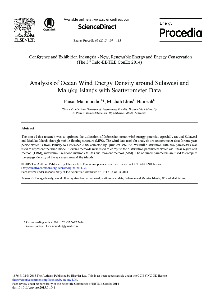 Analysis of Ocean Wind Energy Density around Sulawesi and Maluku Islands with Scatterometer Data 