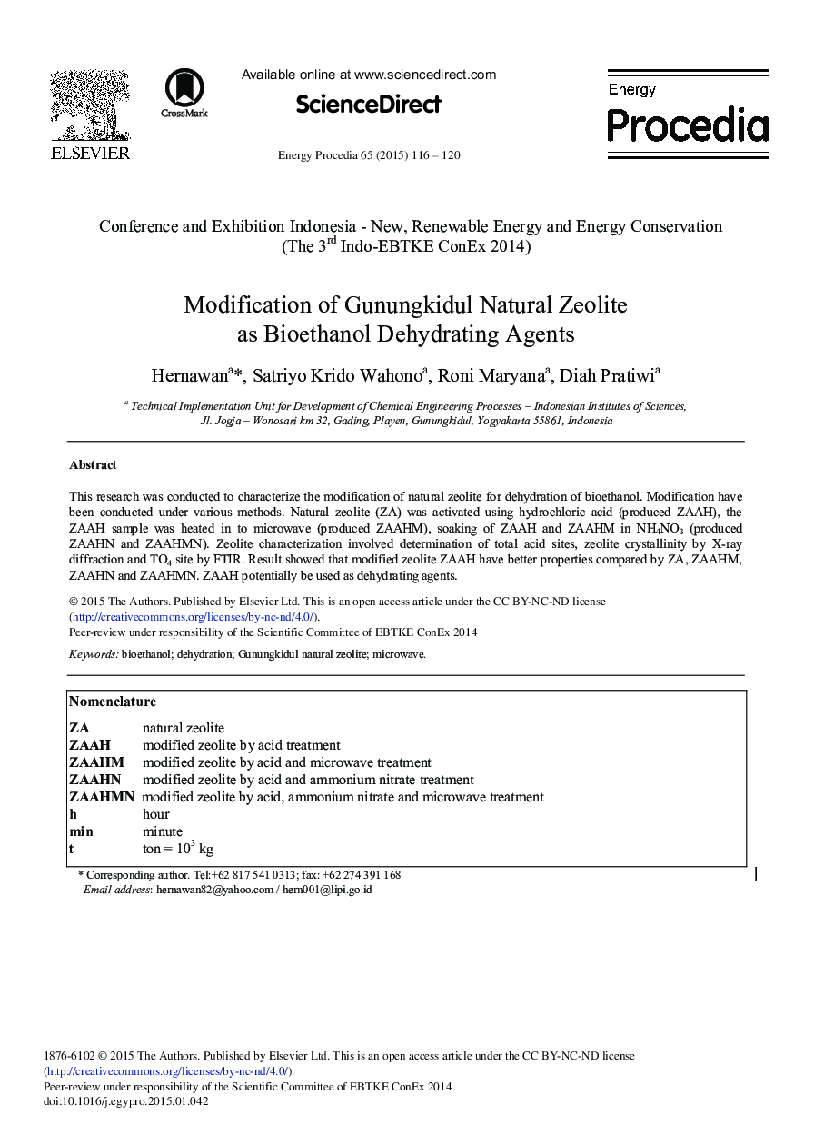 Modification of Gunungkidul Natural Zeolite as Bioethanol Dehydrating Agents 