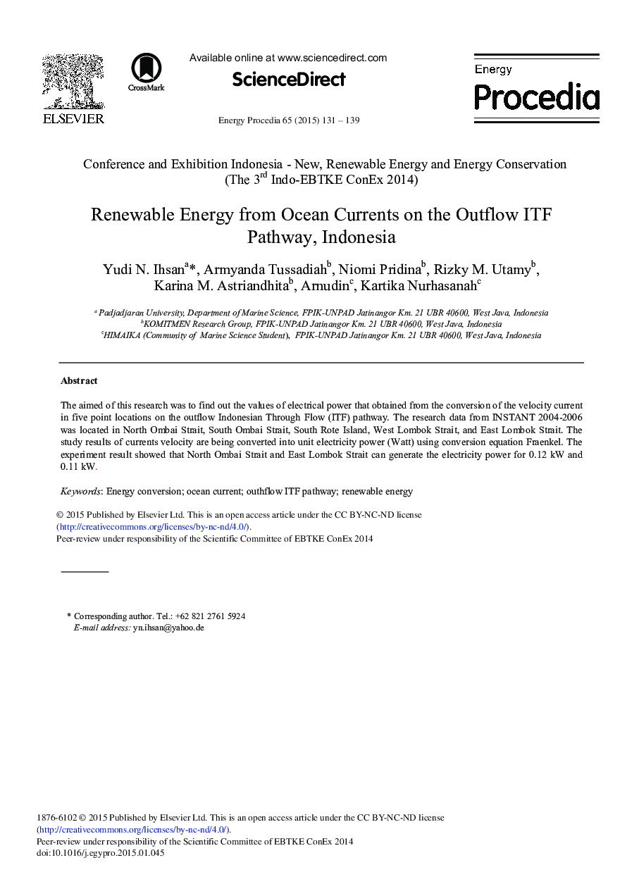 Renewable Energy from Ocean Currents on the Outflow ITF Pathway, Indonesia 