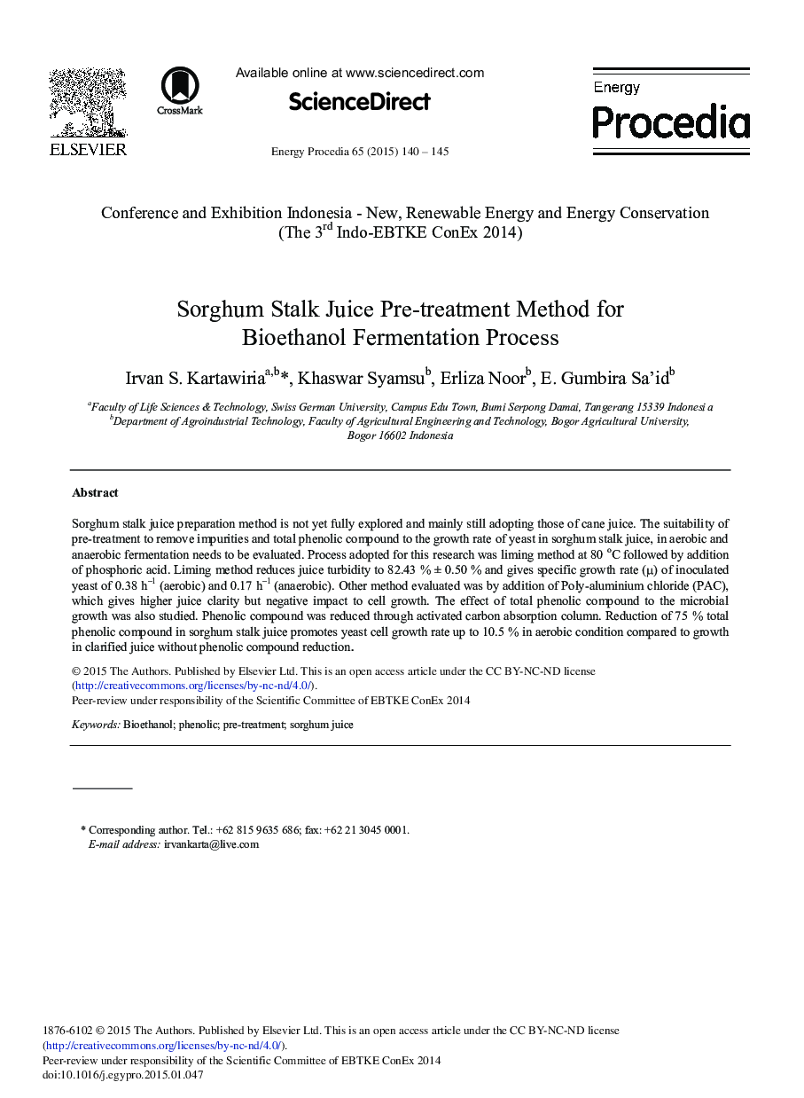 Sorghum Stalk Juice Pre-treatment Method for Bioethanol Fermentation Process 