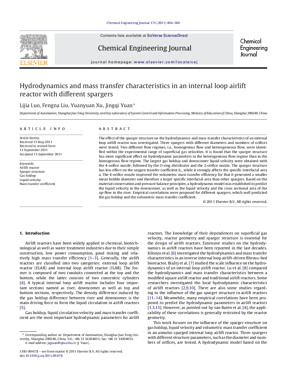 Hydrodynamics and mass transfer characteristics in an internal loop airlift reactor with different spargers