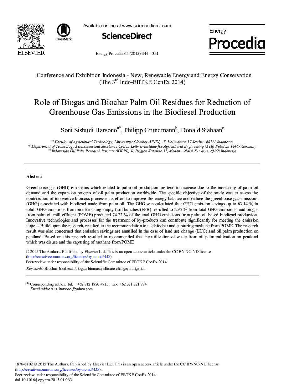 Role of Biogas and Biochar Palm Oil Residues for Reduction of Greenhouse Gas Emissions in the Biodiesel Production 
