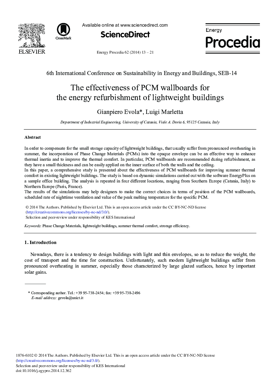 عکس صفحه اول مقاله: The Effectiveness of PCM Wallboards for the Energy Refurbishment of Lightweight Buildings The Effectiveness of PCM Wallboards for the Energy Refurbishment of Lightweight Buildings
