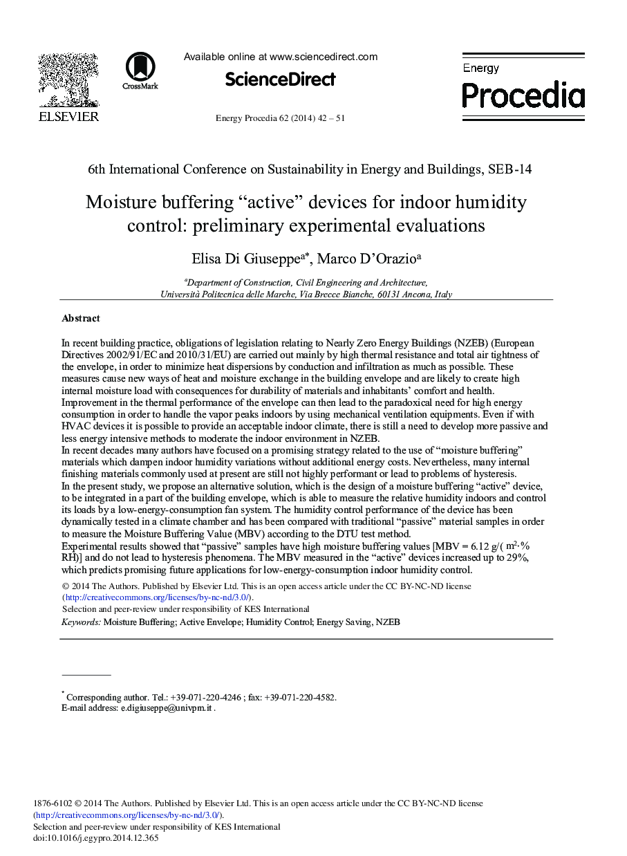 عکس صفحه اول مقاله: Moisture Buffering “Active” Devices for Indoor Humidity Control: Preliminary Experimental Evaluations Moisture Buffering “Active” Devices for Indoor Humidity Control: Preliminary Experimental Evaluations