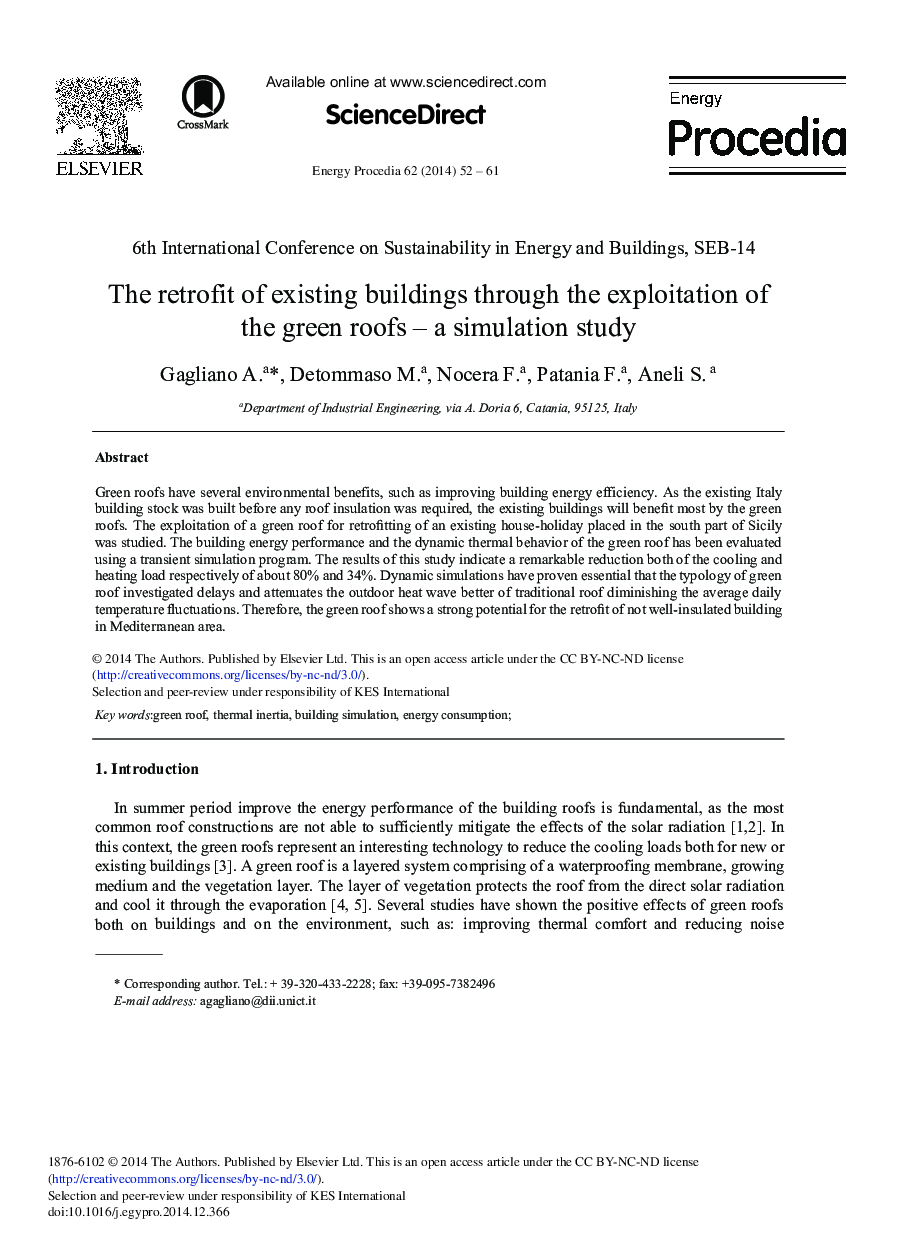 عکس صفحه اول مقاله: The Retrofit of Existing Buildings Through the Exploitation of the Green Roofs – A Simulation Study The Retrofit of Existing Buildings Through the Exploitation of the Green Roofs – A Simulation Study