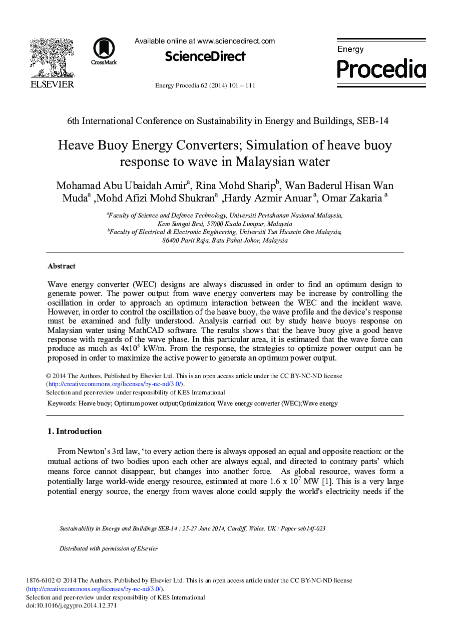 عکس صفحه اول مقاله: Heave Buoy Energy Converters; Simulation of Heave Buoy Response to Wave in Malaysian Water Heave Buoy Energy Converters; Simulation of Heave Buoy Response to Wave in Malaysian Water