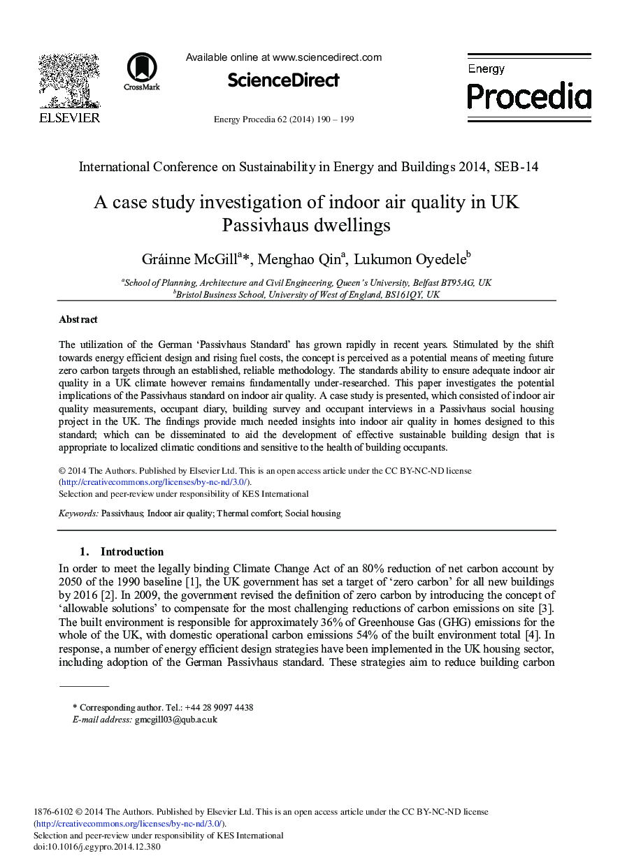 A Case Study Investigation of Indoor Air Quality in UK Passivhaus Dwellings 