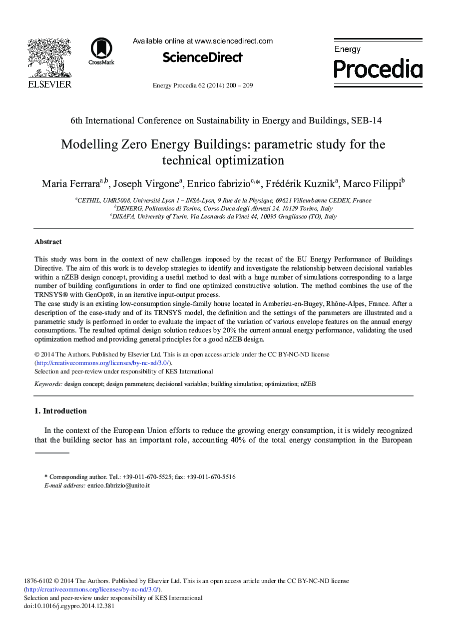 Modelling Zero Energy Buildings: Parametric Study for the Technical Optimization 