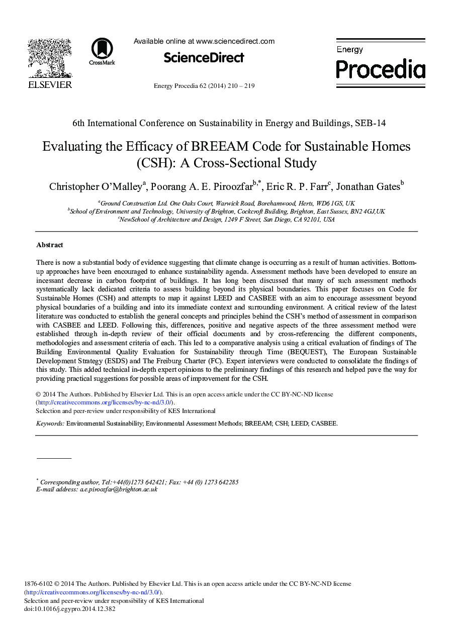عکس صفحه اول مقاله: Evaluating the Efficacy of BREEAM Code for Sustainable Homes (CSH): A Cross-sectional Study Evaluating the Efficacy of BREEAM Code for Sustainable Homes (CSH): A Cross-sectional Study