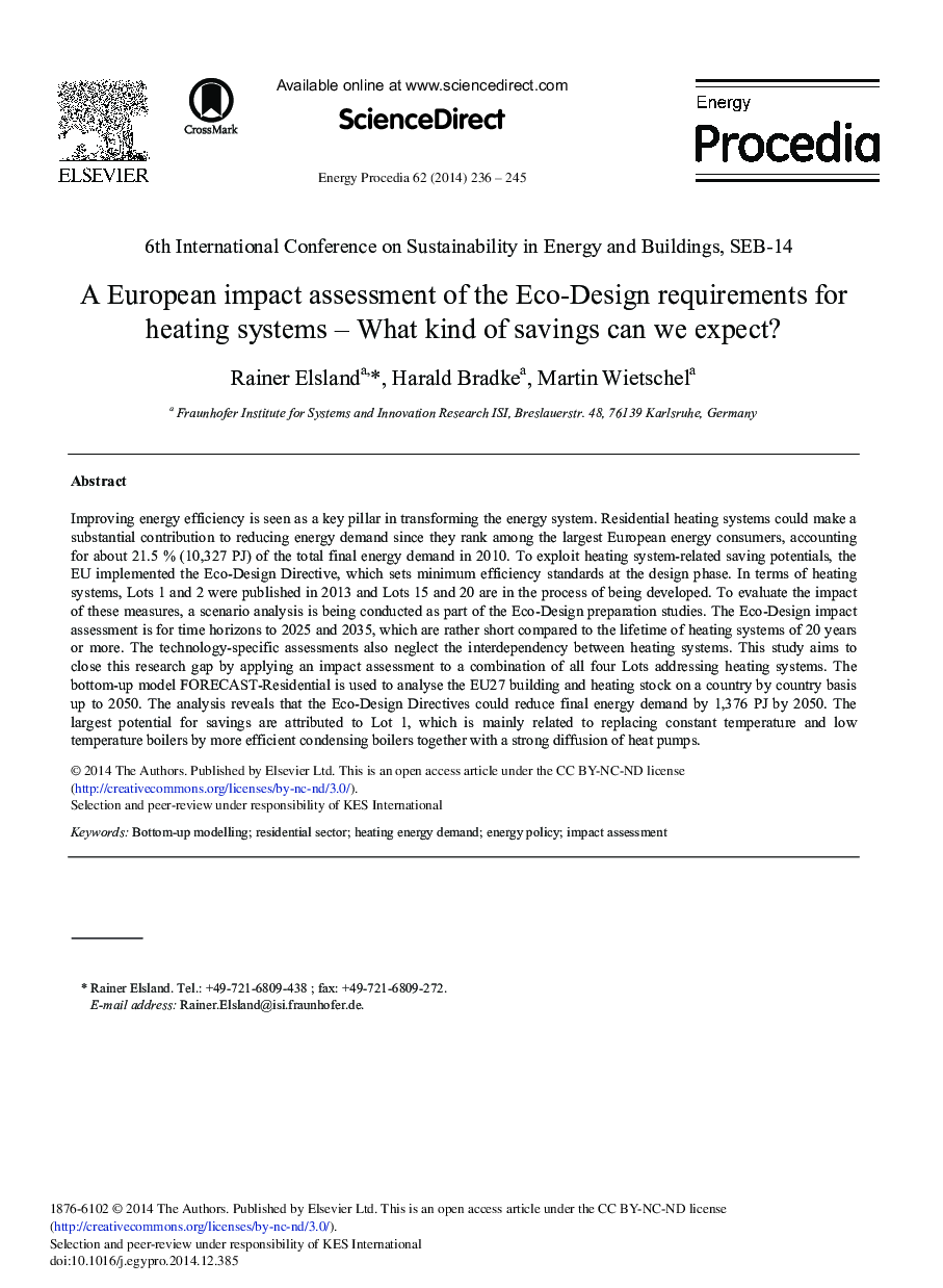 عکس صفحه اول مقاله: A European Impact Assessment of the Eco-design Requirements for Heating Systems – What Kind of Savings can we Expect? A European Impact Assessment of the Eco-design Requirements for Heating Systems – What Kind of Savings can we Expect?