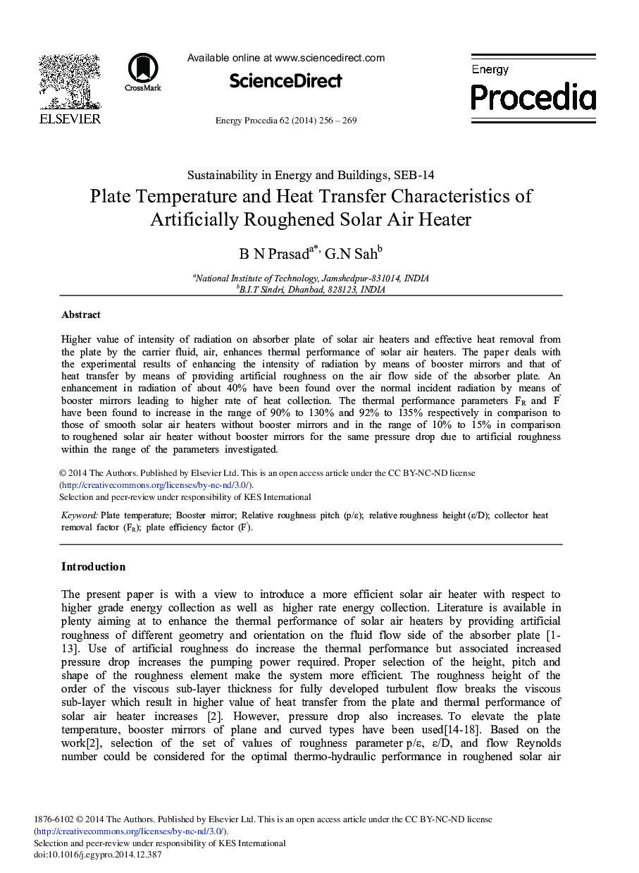 Plate Temperature and Heat Transfer Characteristics of Artificially Roughened Solar Air Heater 