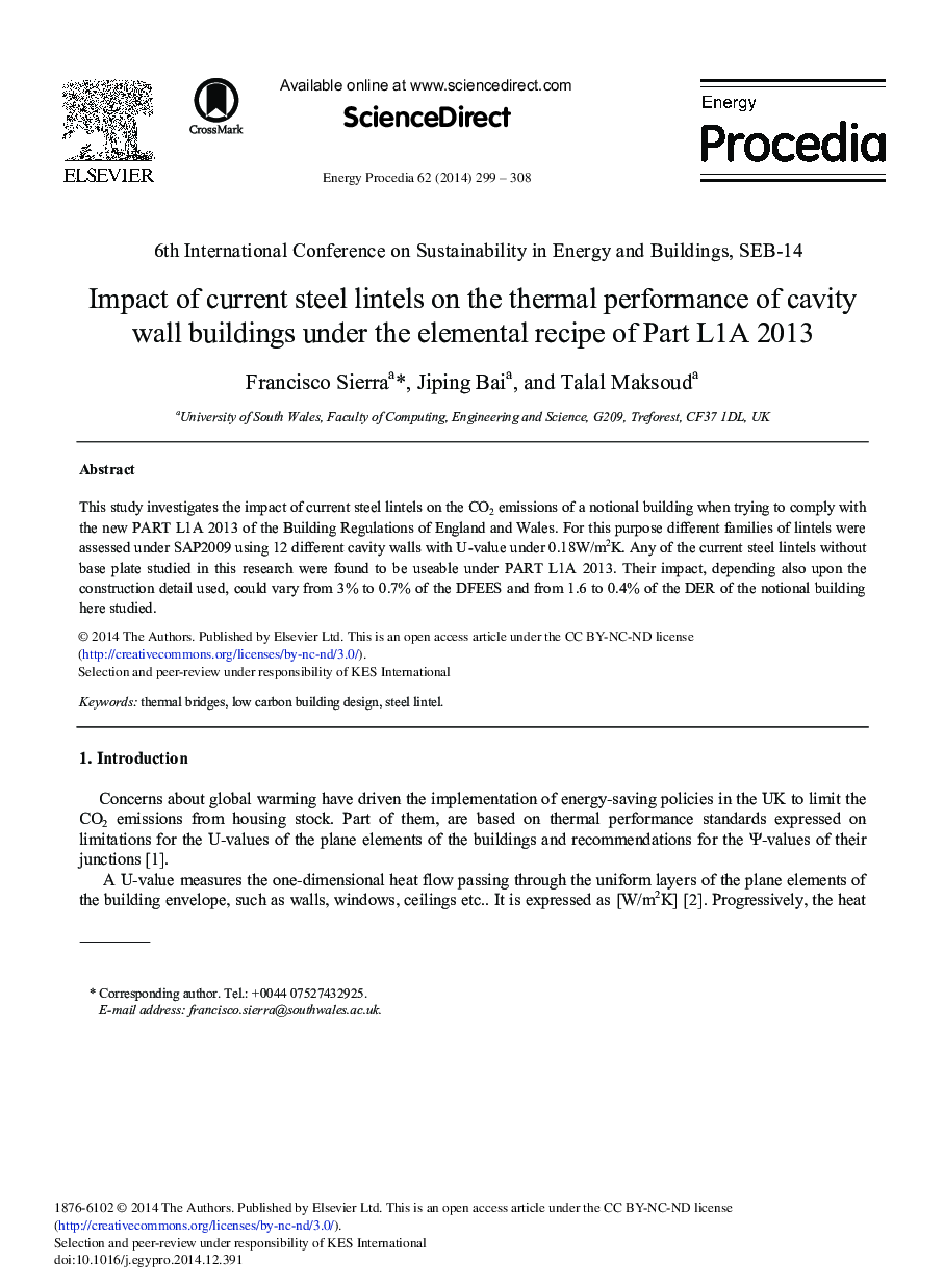 Impact of Current Steel Lintels on the Thermal Performance of Cavity Wall Buildings Under the Elemental Recipe of Part L1A 2013 