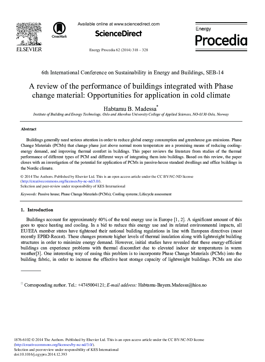 A Review of the Performance of Buildings Integrated with Phase Change Material: Opportunities for Application in Cold Climate 