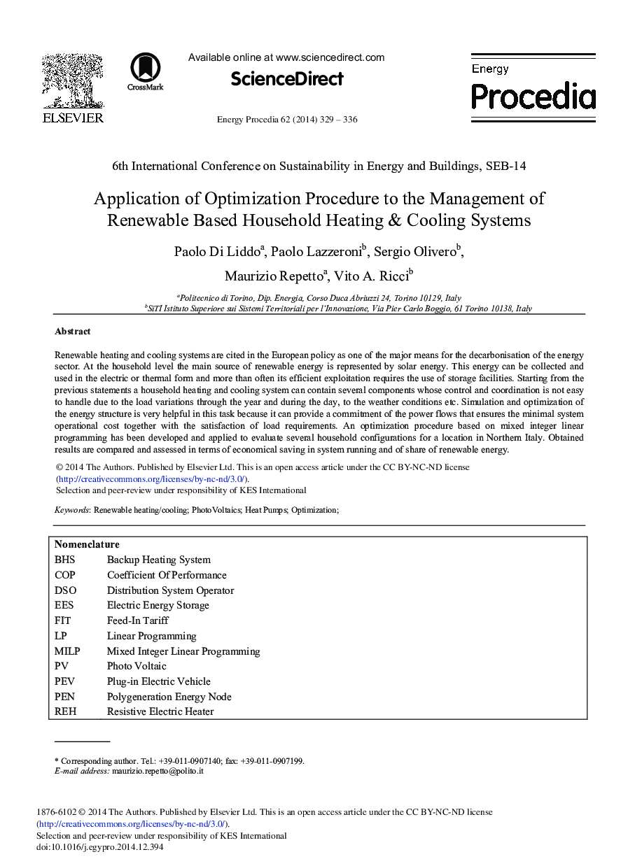 Application of Optimization Procedure to the Management of Renewable Based Household Heating & Cooling Systems 