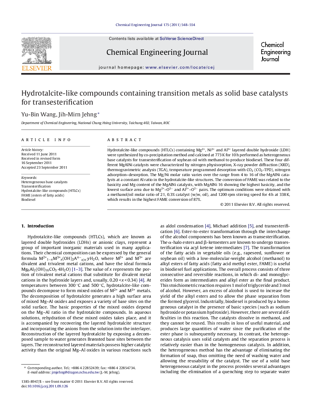 Hydrotalcite-like compounds containing transition metals as solid base catalysts for transesterification