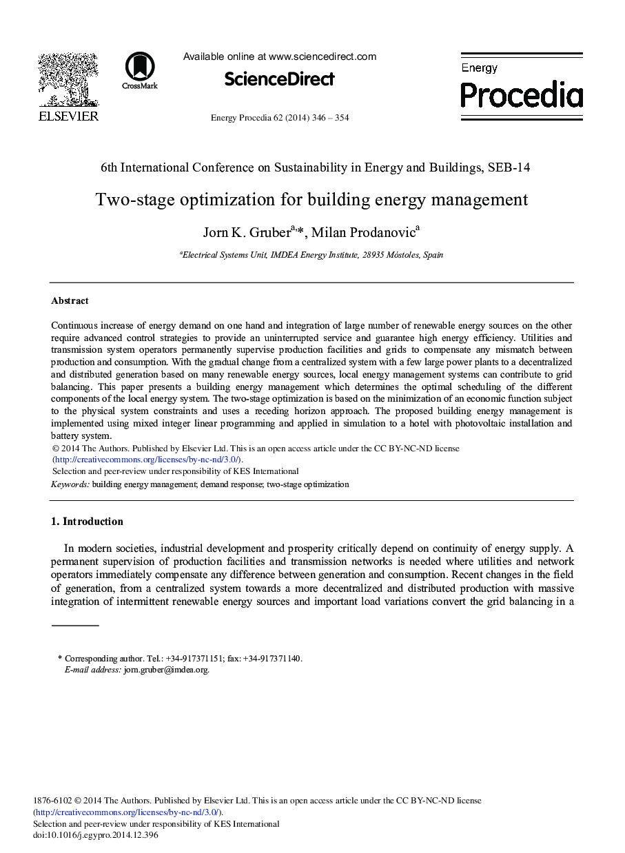 عکس صفحه اول مقاله: Two-stage Optimization for Building Energy Management Two-stage Optimization for Building Energy Management