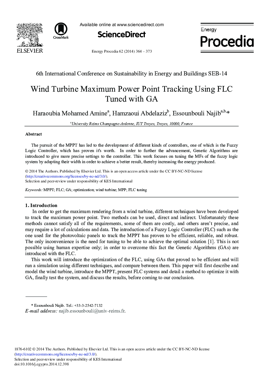 عکس صفحه اول مقاله: Wind Turbine Maximum Power Point Tracking Using FLC Tuned with GA Wind Turbine Maximum Power Point Tracking Using FLC Tuned with GA