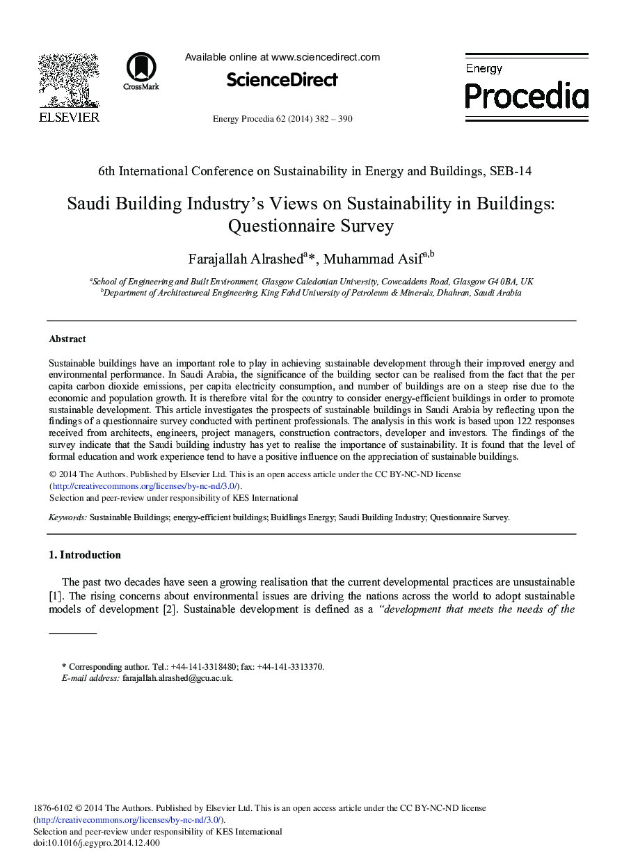 Saudi Building Industry's Views on Sustainability in Buildings: Questionnaire Survey 