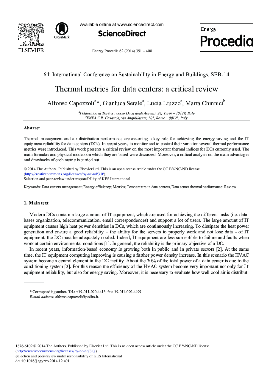 عکس صفحه اول مقاله: Thermal Metrics for Data Centers: A Critical Review Thermal Metrics for Data Centers: A Critical Review