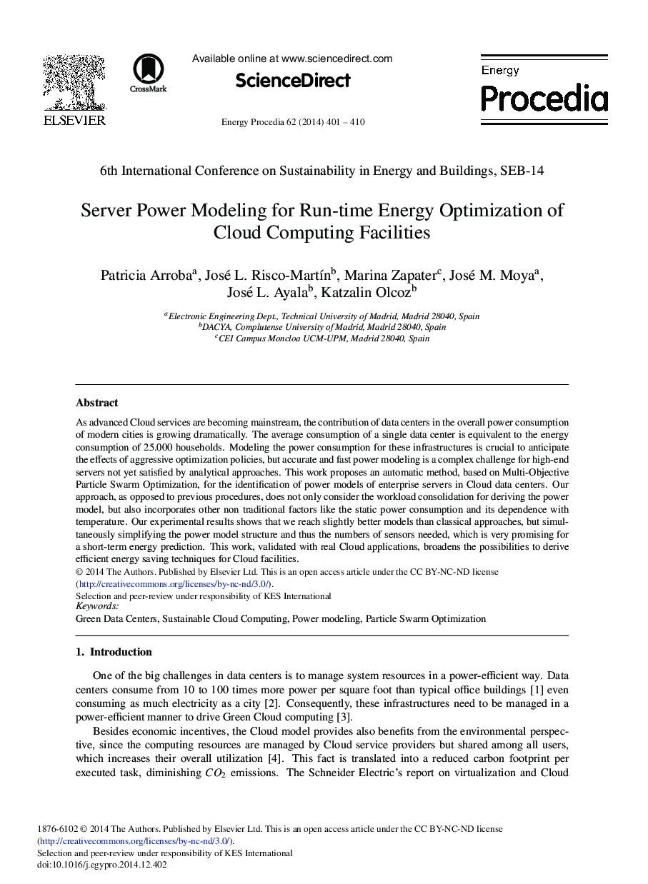Server Power Modeling for Run-time Energy Optimization of Cloud Computing Facilities 