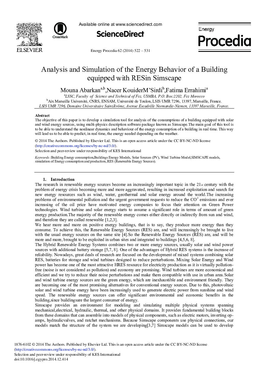 عکس صفحه اول مقاله: Analysis and Simulation of the Energy Behavior of a Building Equipped with RESin Simscape Analysis and Simulation of the Energy Behavior of a Building Equipped with RESin Simscape