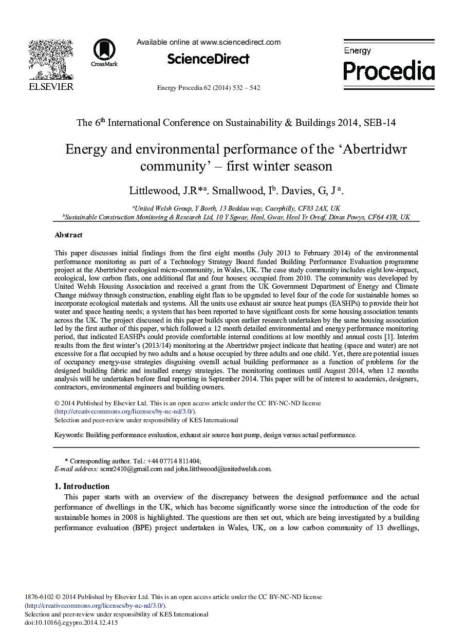 Energy and Environmental Performance of the ‘Abertridwr Community’ – First Winter Season 