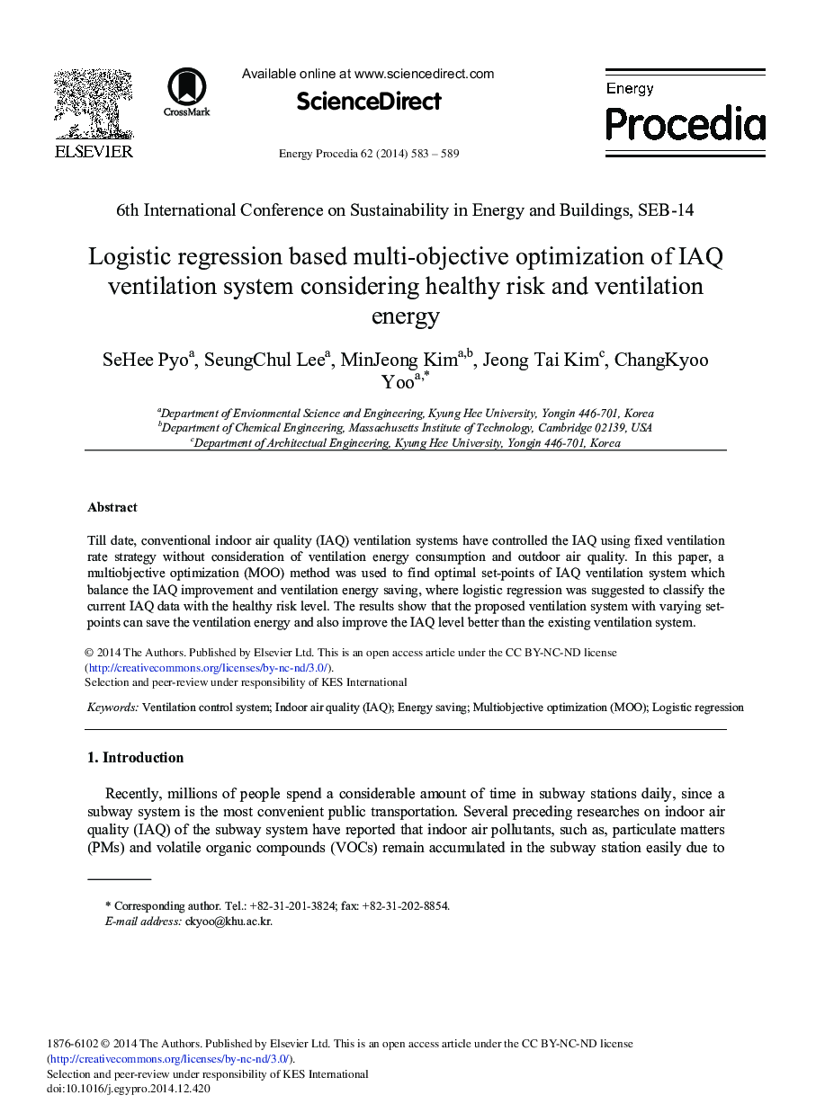 عکس صفحه اول مقاله: Logistic Regression Based Multi-objective Optimization of IAQ Ventilation System Considering Healthy Risk and Ventilation Energy Logistic Regression Based Multi-objective Optimization of IAQ Ventilation System Considering Healthy Risk and Ventilation Energy