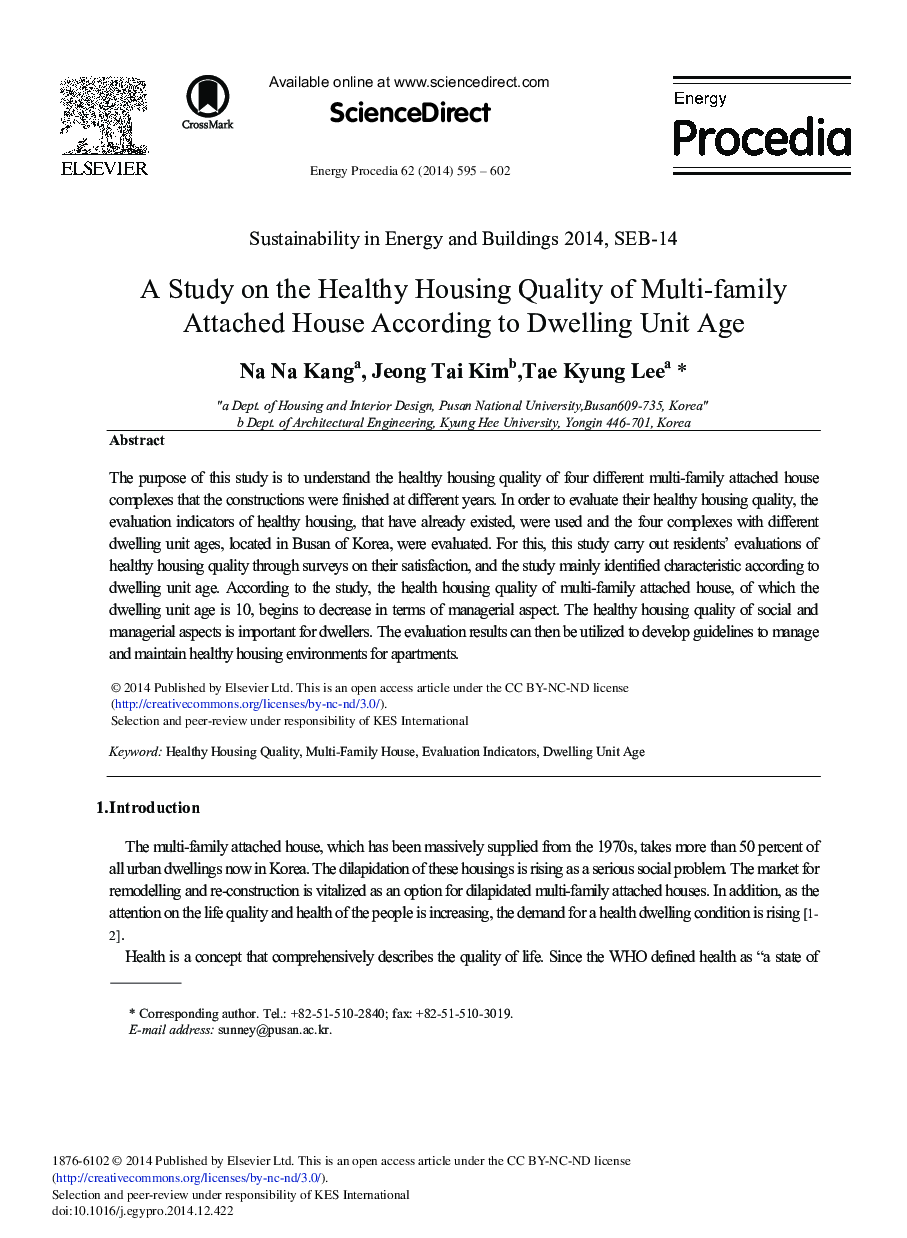 عکس صفحه اول مقاله: A Study on the Healthy Housing Quality of Multi-family Attached House According to Dwelling Unit Age A Study on the Healthy Housing Quality of Multi-family Attached House According to Dwelling Unit Age