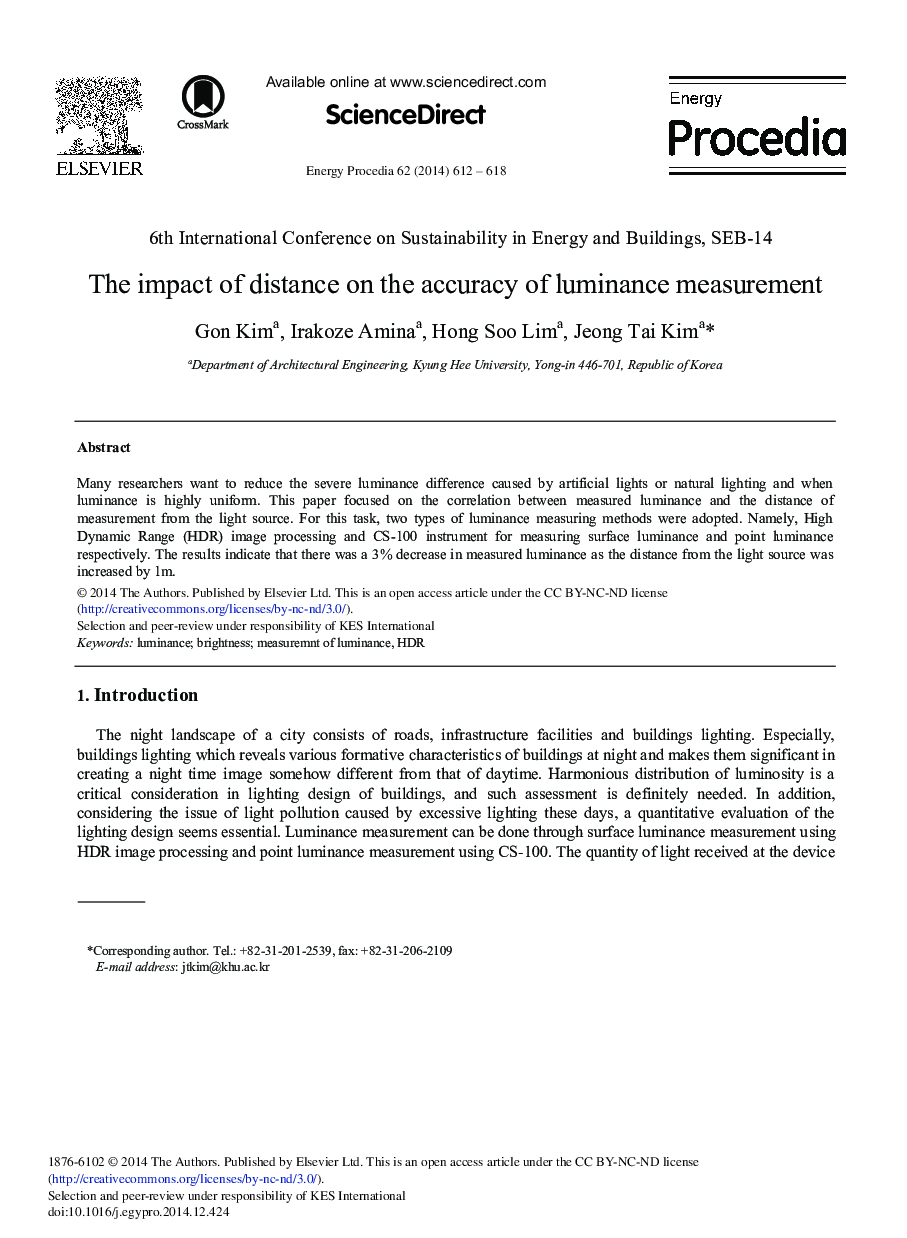 عکس صفحه اول مقاله: The Impact of Distance on the Accuracy of Luminance Measurement The Impact of Distance on the Accuracy of Luminance Measurement