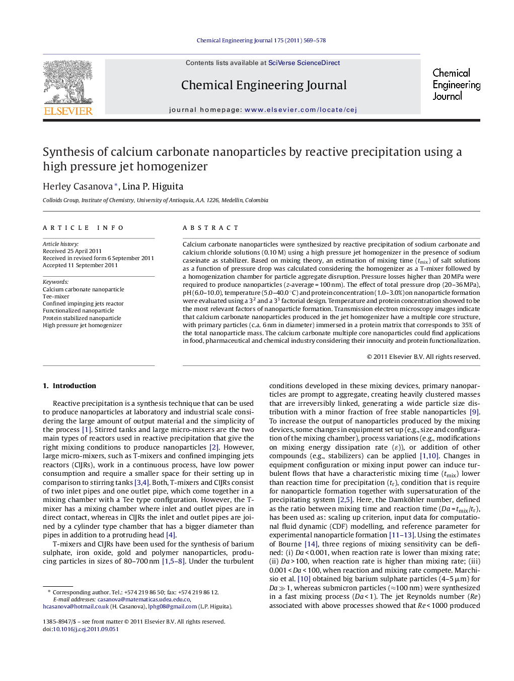 Synthesis of calcium carbonate nanoparticles by reactive precipitation using a high pressure jet homogenizer