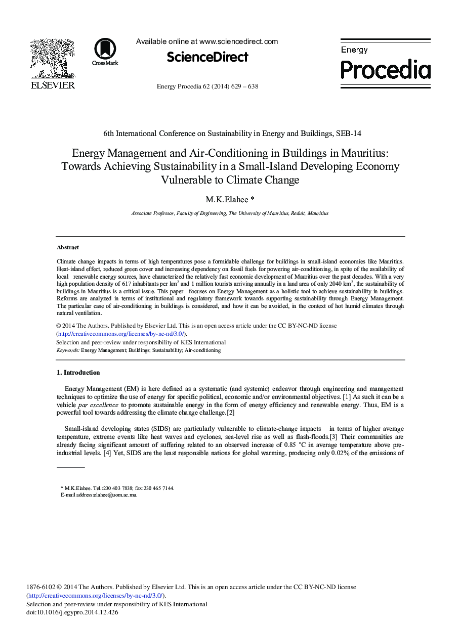 عکس صفحه اول مقاله: Energy Management and Air-Conditioning in Buildings in Mauritius: Towards Achieving Sustainability in a Small-Island Developing Economy Vulnerable to Climate Change Energy Management and Air-Conditioning in Buildings in Mauritius: Towards Achieving Sustainability in a Small-Island Developing Economy Vulnerable to Climate Change