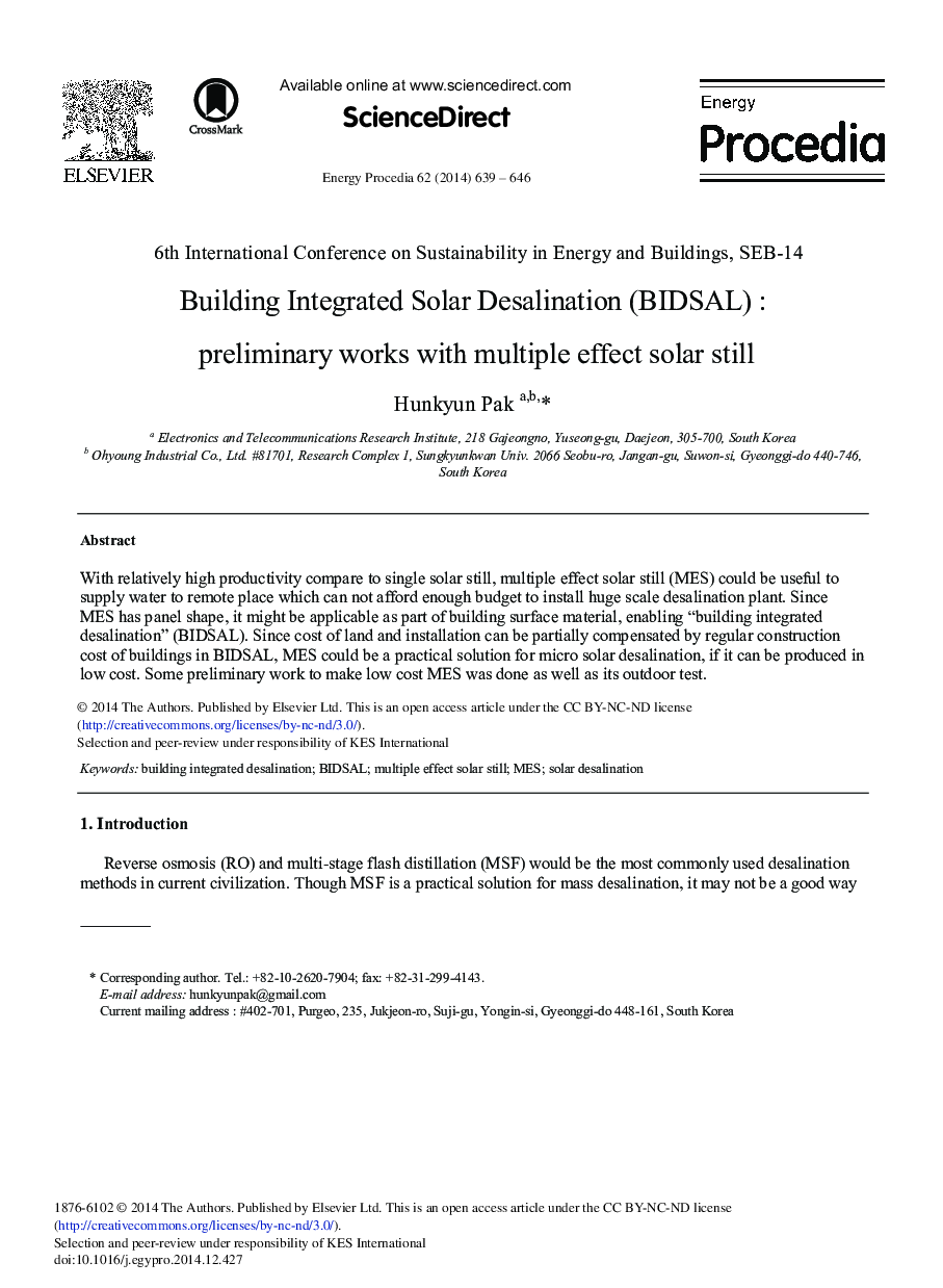 عکس صفحه اول مقاله: Building Integrated Solar Desalination (BIDSAL): Preliminary Works with Multiple Effect Solar Still Building Integrated Solar Desalination (BIDSAL): Preliminary Works with Multiple Effect Solar Still