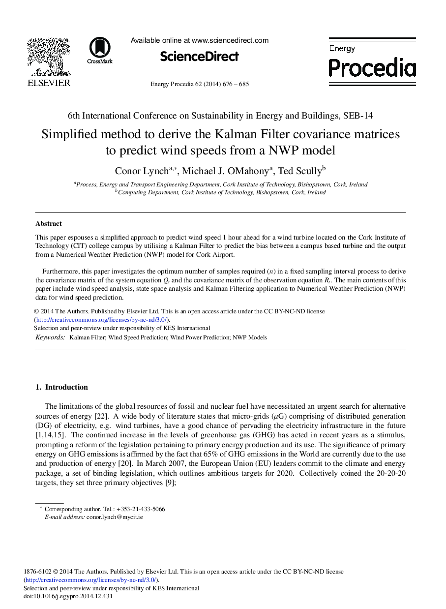 عکس صفحه اول مقاله: Simplified Method to Derive the Kalman Filter Covariance Matrices to Predict Wind Speeds from a NWP Model Simplified Method to Derive the Kalman Filter Covariance Matrices to Predict Wind Speeds from a NWP Model