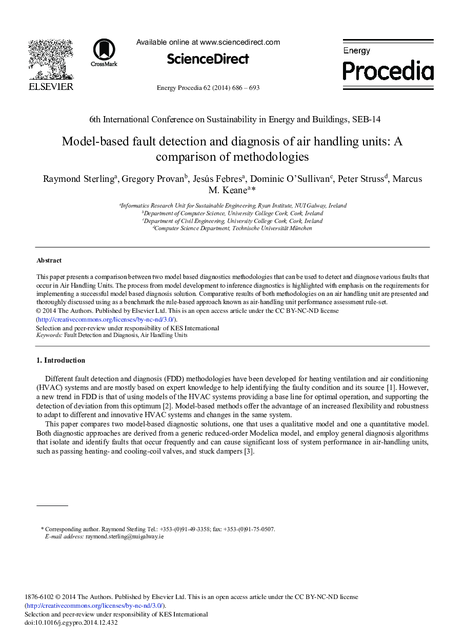 عکس صفحه اول مقاله: Model-based Fault Detection and Diagnosis of Air Handling Units: A Comparison of Methodologies Model-based Fault Detection and Diagnosis of Air Handling Units: A Comparison of Methodologies