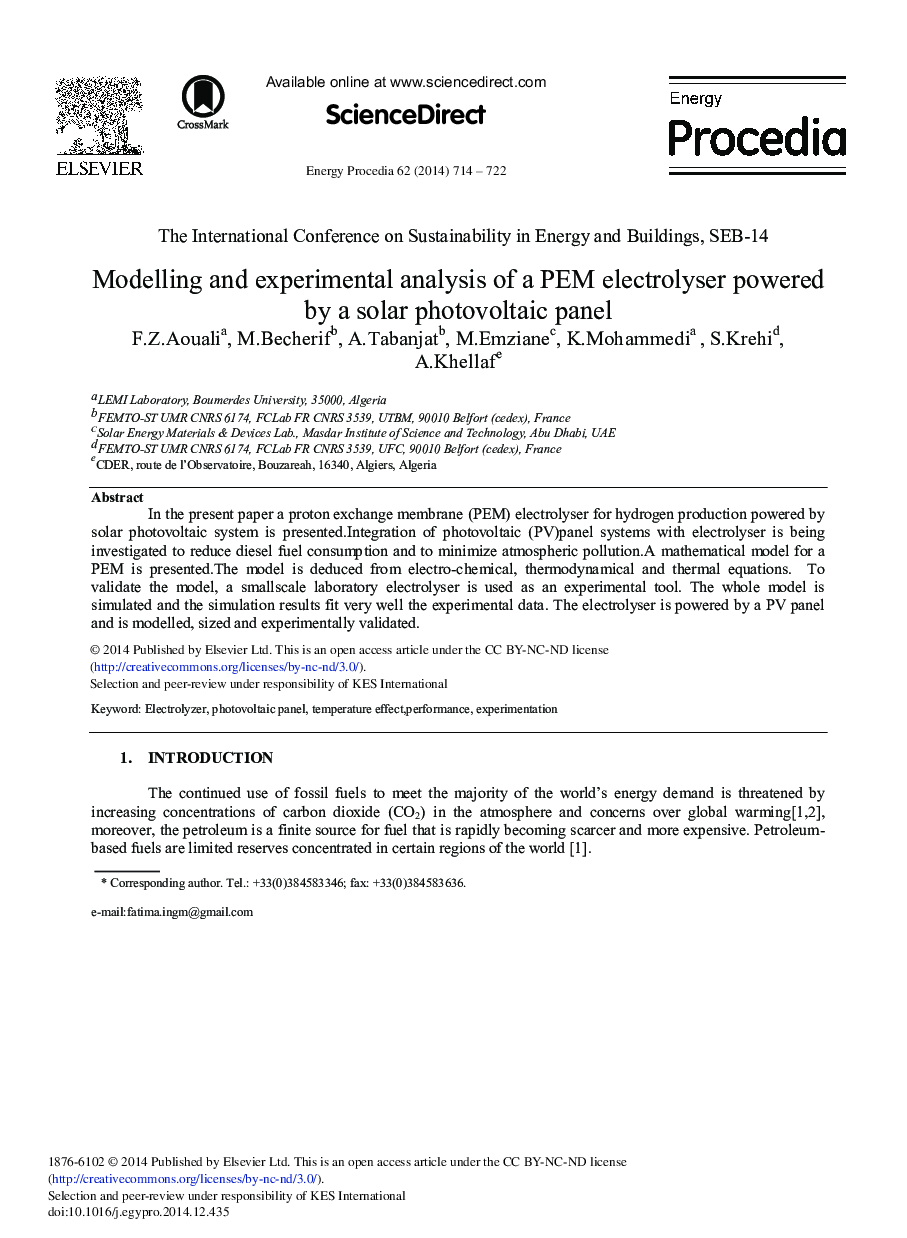 Modelling and Experimental Analysis of a PEM Electrolyser Powered by a Solar Photovoltaic Panel 